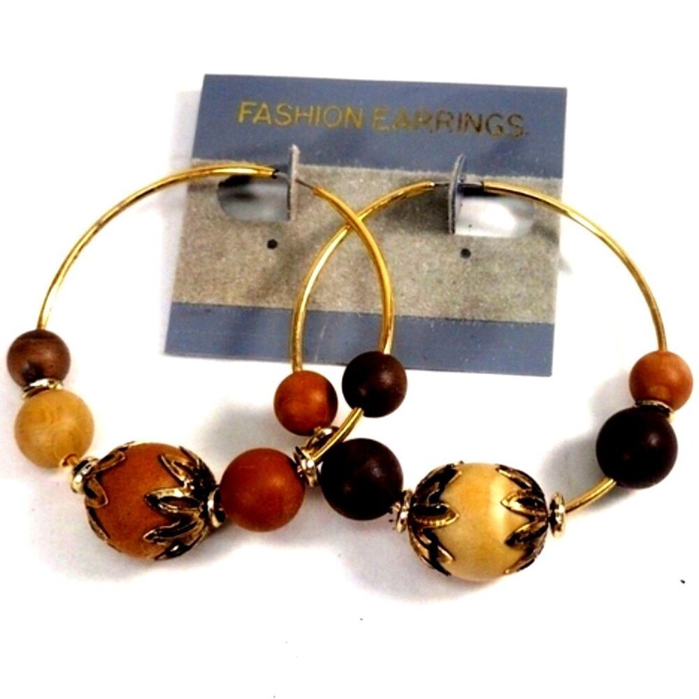 Boho Beaded Hoop Earrings – Natural Wood Look Beads, Gold-Tone Wire – Jewelry #3